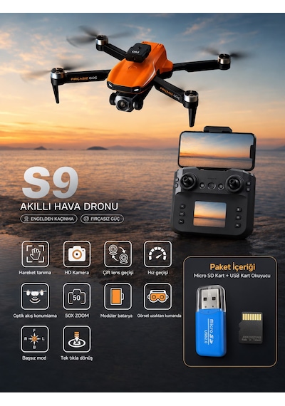 S9 Aerıal Drone Ekranlı Kumanda Fırçasız Motor 2.4g Rc Quadcopter Wi-fi Cam Fpv Canlı Yayın Engel Algılama Sabit Durma Katlanabilir Tek Tuşla Dönüş Çift Lens 50x Zoom Optik Akış Koruma