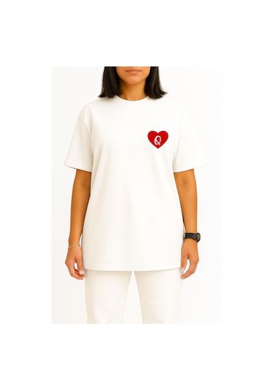 Bahriyeli Collection Oversize Sevgililer Günü Özel Kalp İçinde Q Harfi Cep Baskılı Unisex T-shirt Beyaz