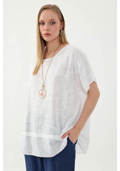 Vitrin %100 Keten Çiçekli Oversize Bluz BEYAZ