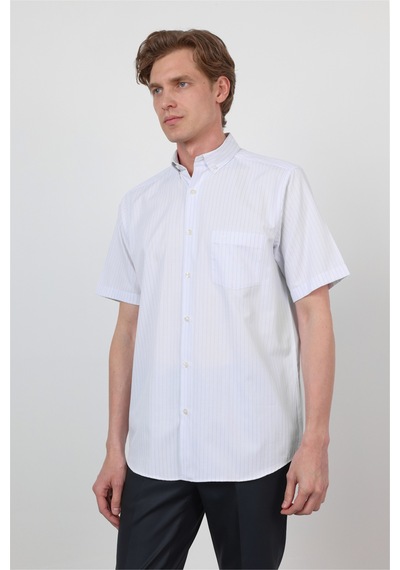 İmza Düğmeli Yaka Kısa Kol Cepli Comfort Fit Pamuklu Gömlek 1004260183 Beyaz - Mavi