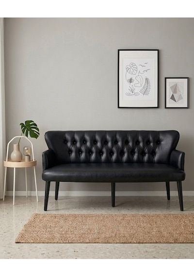 Roma Chester Deri Üçlü Koltuk 150 Cm Ofis Bekleme Koltuğu Ahşap Ayaklı - Siyah