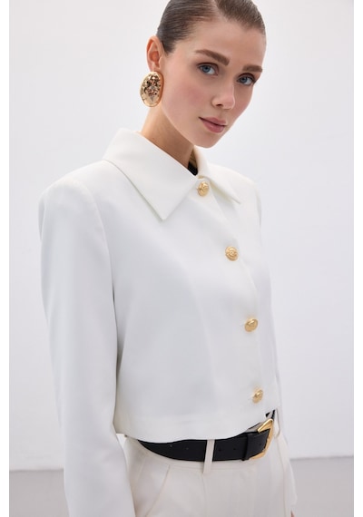 Sateen Düğmeli Kısa Ceket - Ekru-136591 Ekru