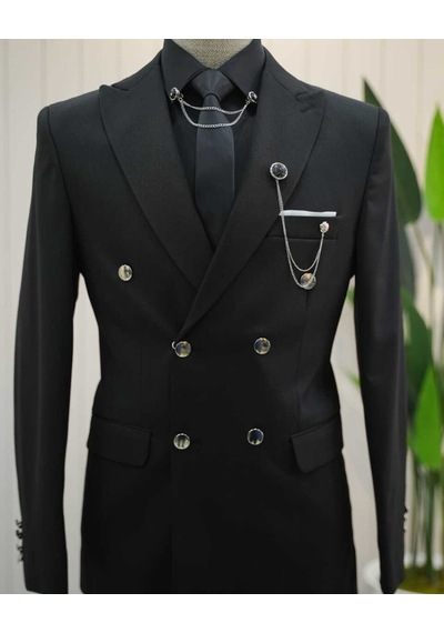 Beystil Sivri Yaka Siyah Kruvaze Takım Elbise Nikol036- Slim Fit Siyah