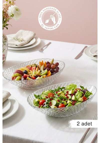 Selen Concept İnci Model El Yapımı Cam Gondol Salata Kasesi Meyvelik Ve Sunumluk 2'li Set Şeffaf