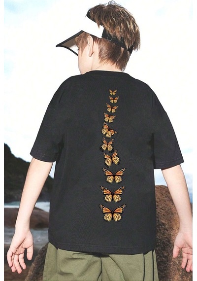 Uyguntarz Çocuk Kral Kelebek Baskılı Pamuklu Tshirt Siyah