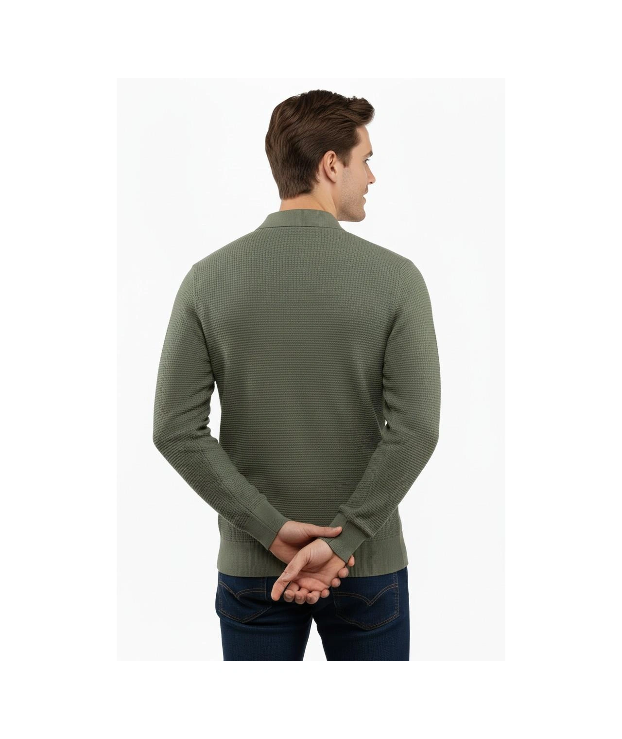 Çizgi Erkek Fermuarlı Polo Yaka Triko Kazak 5240f Bgl-st04852 Yeşil