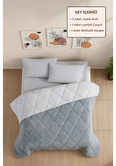 Battal Boy Lüx Wellsoft Çift Taraflı Yorgan Uyku Seti Yorgan+çarşaf+ 2 Adet Yastık Kılıfı Gri