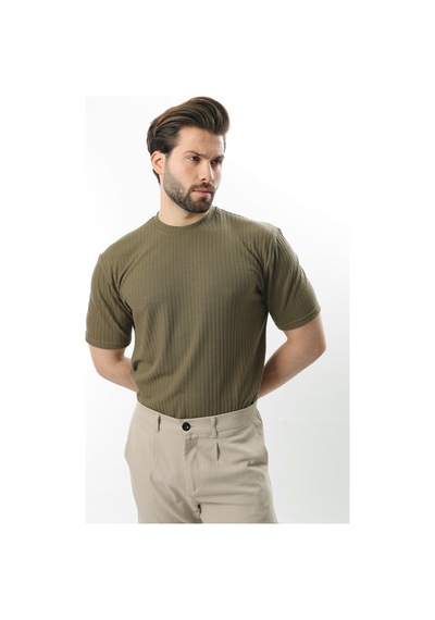 Madmext Haki Dokulu Çizgi Tasarım Bisiklet Yaka Erkek T-shirt E7122 Haki