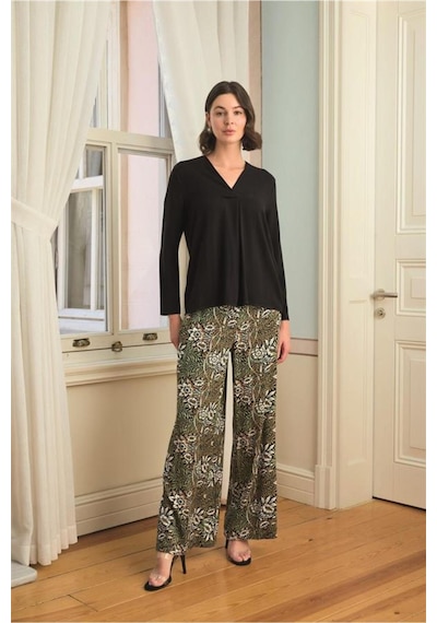 Lisinya Çiçek Yaprak Ve Etnik Desenli Uzun Kollu Pijama Takımı Siyah