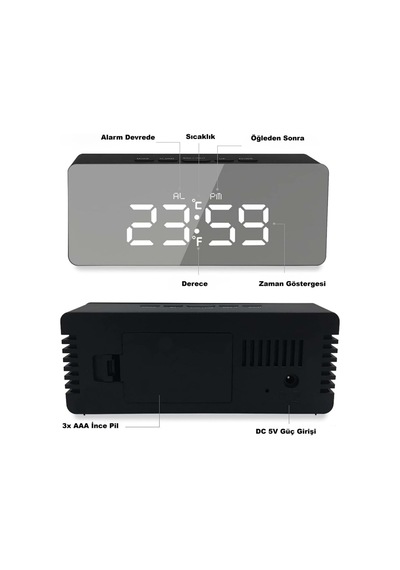 Akıllı Aynalı Dijital Saat Led Göstergeli, Alarm & Termometre, Usb/pil Çok Renkli