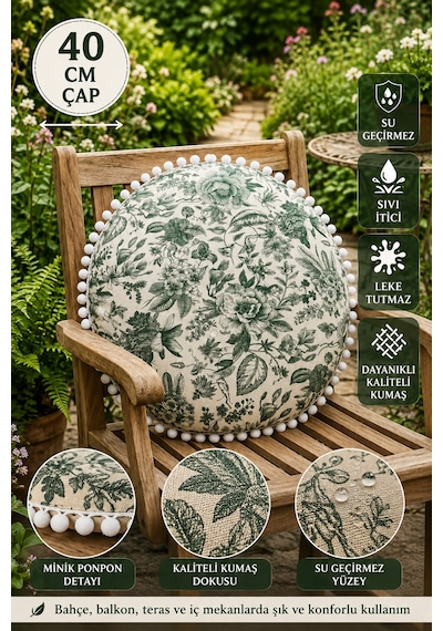 Yeşil Çiçekli Toile De Jouy Desenli Yuvarlak Minder 40 Cm - Su Geçirmez, Sıvı İtici, Leke Tutmaz, Ponponlu Çok Renkli Yeşil Çiçekli Toile De Jouy Desenli Yuvarlak Minder 40 Cm - Su Geçirmez, Sıvı İtici, Leke Tutmaz, Ponponlu Çok Renkli