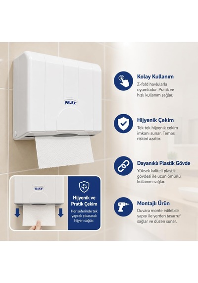 Lexroo Z-fold Kağıt Havlu Dispenseri, Beyaz Plastik Duvara Monte Z Katlı Kağıt Havlu Aparatı