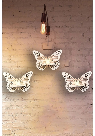 Raflı Kelebek 3'lü Beyaz Mdf Duvar Dekorasyon Lazer Kesim Her Biri 30x26 Cm -