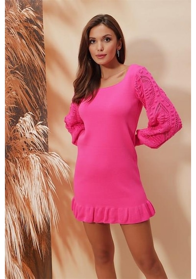 Aqe Fashion Kol Dantel Detaylı U Yaka Eteği Fırfırlı Fuşya Elbise Fuşya