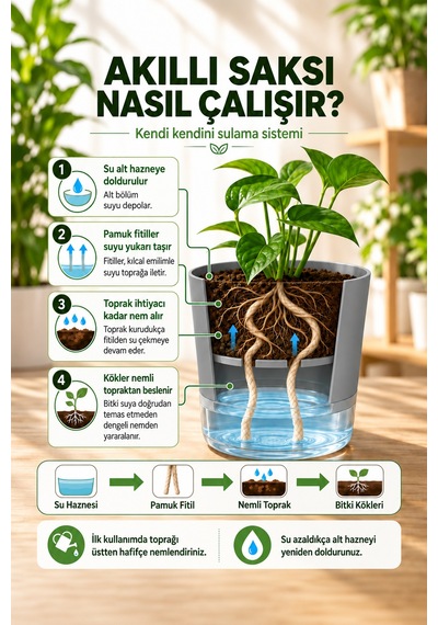 Akıllı Saksı Kendinden Sulamalı Fitilli Modern Dekoratif Saksı 2 Litre 07092104