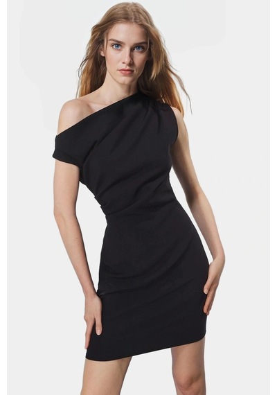 Ersefa Yazlık Mini Elbise Bodycon Kalıp Tek Kol Dokuma Kumaş Seçkin Malz Siyah