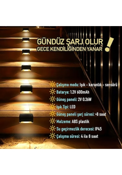 Upway 4 Lü Güneş Enerjili Merdiven Ve Bahçe Duvar Lambası Ip45 Su Geçirmez Led Aydınlatma