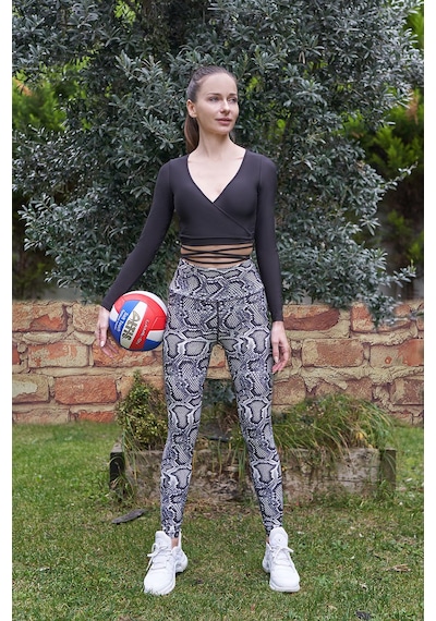 Lismina V Yaka Uzun Kollu Beli Bağcıklı Spor Crop Tişört Siyah