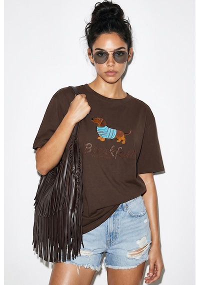 Shade Kadın Bisiklet Yaka Nakış Ve Boncuk İşlemeli Oversize T-shirt 2221 60286122 - Kahverengi