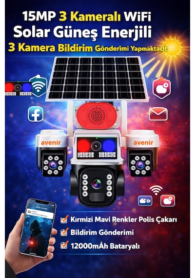 3 Kameralı Güneş Enerjili Wi-fi Güvenlik Kamerası 15mp Solar