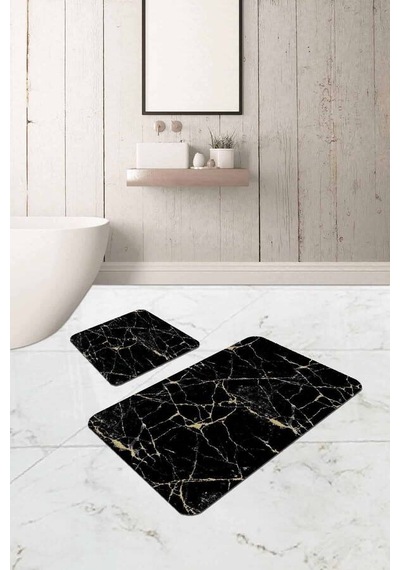 Siyah Mermer Görünümlü Banyo Halısı Klozet Paspas Seti Bs333n11