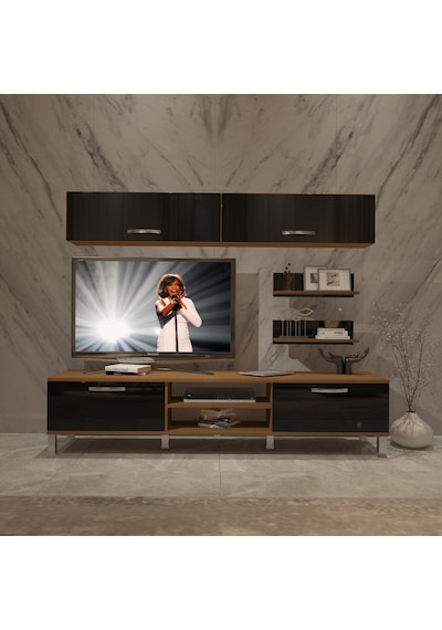 Decoraktiv Eko 5 Mdf Dvd Krom Ayaklı Tv Ünitesi Tv Sehpası Ceviz - Siyah