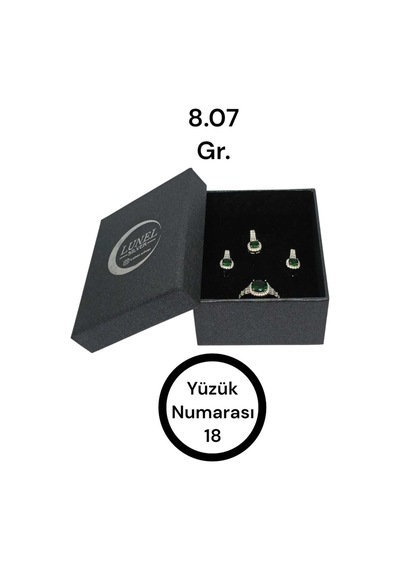 Kadın 925 Ayar Gümüş Takı Seti Zümrüt Taşlı Kolye Ucu, Yüzük Ve Küpe Gümüş