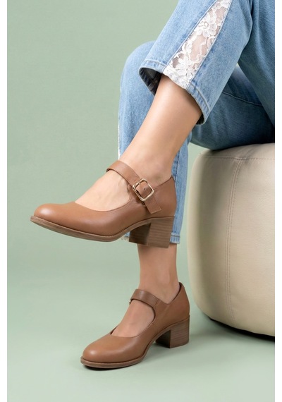 Analin Shoes Kadın Hakiki Deri Tokalı Günlük Kalın Topuklu Ayakkabı Kahverengi