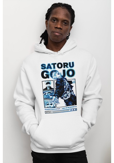 Sevbano Satoru Gojo Jujutsu Kaisen Baskılı Unisex Oversize Anime Hoodie beyaz