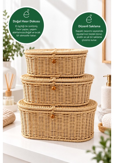 3'lü Kapaklı Rattan Organizer Sepet Seti Hasır Görünümlü Dekoratif Saklama Kutusu Oval Kahverengi