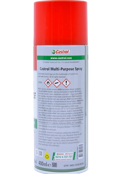 Castrol Multi Purpose Spray Çok Amaçlı Temizleme, Pas Sökücü Ve Yağlayıcı Sprey 400 Ml