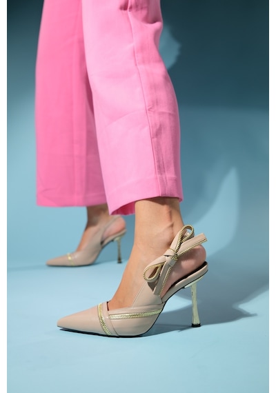 Luvishoes Glen Bej Cilt Fermuar Detaylı Kadın Yüksek Topuklu Ayakkabı Bej