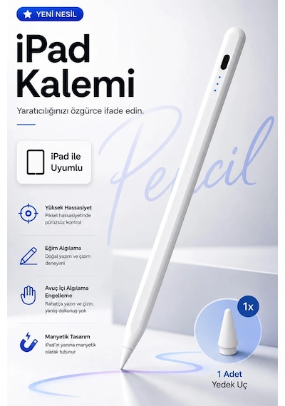 Exenar - Beyaz - İpad Uyumlu Tablet Kalemi Manyetik Stylus Pen Eğim Sensörlü Avuç İçi Engelleme Usb-c Şarjlı 1 Yedek Uç