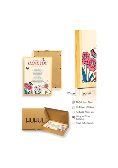 Doğal Ahşap Çerçeveli Retro Çiçekli Romantik Tablo - Aşk Sözleri Huhu2583
