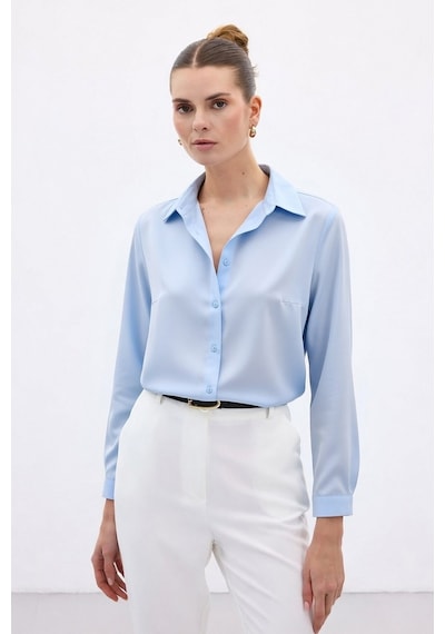 Sateen Düz Klasik Gömlek - Mavi-136998 Mavi