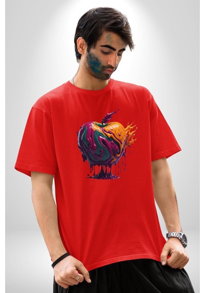 Yağlı Boya Elma Pamuklu Bisiklet Yaka Unisex Oversize Boyfriend Dijital Baskılı Kırmızı T-shirt Kırmızı