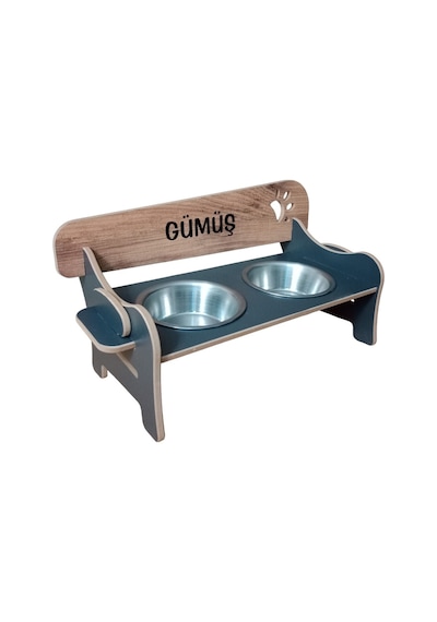 Özel İsim Baskılı, Ahşap, Kademeli, Eğimli, Çelik Kaseli, Kedi-köpek Mama Ve Su Kabı Stantı-400 Ml.