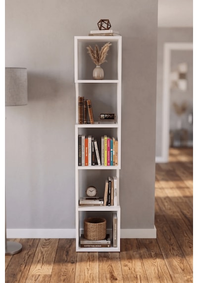 Reyo Falez Kitaplık Ahşap Dekoratif Raf 5 Katlı Modern Çok Amaçlı Kitaplık Salon Ofis Kitaplığı - Beyaz 7067