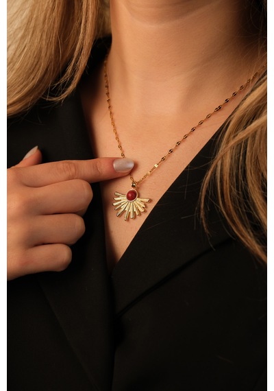 Çildan Womens Bordo Doğal Taşlı Güneş Kolye