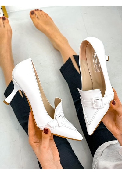 Ervanın Butiği Beyaz Cilt Kahlo Toka Detay Kadın Stiletto-3920