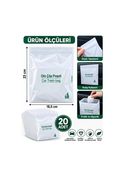 3b Trend 20 Adet Yapışkanlı Oto Çöp Poşeti 23x18,5 Cm Su Geçirmez Sızdırmaz Araç Pratik Çöp Torbası