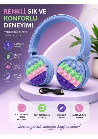 Popit Desenli Kafa Üstü Bluetooth Kulaklık