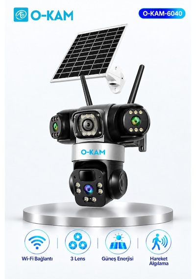 O-kam -6040 Wifi Solar 3 Lens Sirenli 9mp Gece Görüşlü Kamera