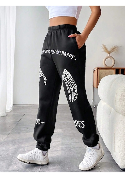 Coolane Skeleton Hand & Letter Graphic Elastic Waist 4 Mevsim Eşofman Siyah