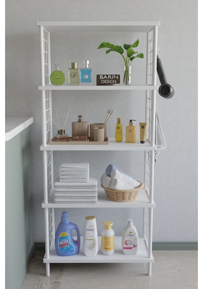 5 Katlı Çevir Kur Beyaz Metal Telli Banyo Rafı Çok Amaçlı Düzenleyici, Organizer Stand Banyo Dolabı Beyaz