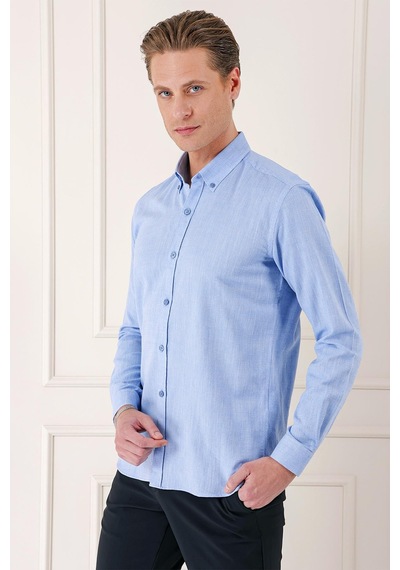 Efor Slim Fit Düğmeli Yaka %100 Pamuk Klasik Mavi Gömlek Gk 723 Mavi