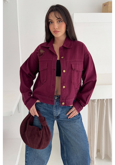 Kadın Yırtık Detaylı Crop Ceket Dinamik & Sokak Stili Bordo