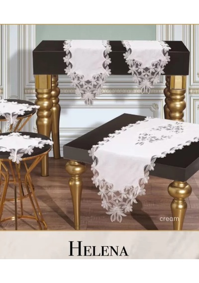 Salon Takımı 5 Parça Keten Dantelli Masa Örtüsü Runner Seti Çeyizlik Helena Model Diğer