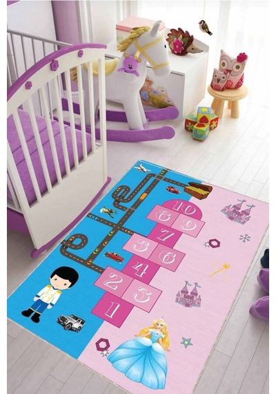 Pembe Mavi Kaymaz Tabanlı Yollu Seksekli Çocuk Halısı Kd95n11 Pembe - Mavi