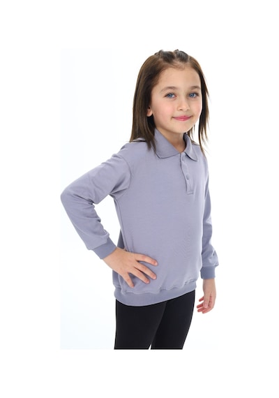 Kız Çocuk Regular Fit Polo Yaka Düşük Omuz Nakış Baskılı Sweatshirt - 2 İplik Koyu Gri